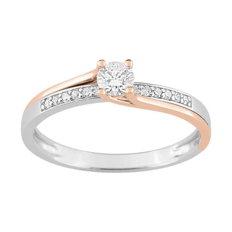 Bague Femme Solitaire Accompagné OR 750/1000 Bicolore et Diamants