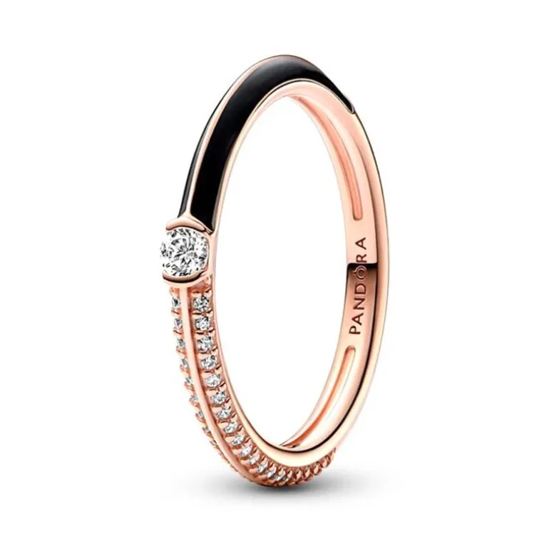 Bague Femme Taille 52 PANDORA ME DOUBLE PAVÉ & NOIR Doré Rose 14 Carats