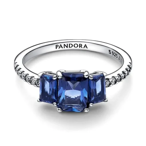 Bague Femme Taille 58 PANDORA SCINTILLANTE TRIO DE PIERRES RECTANGULAIRES BLEUES Argent 925/1000
