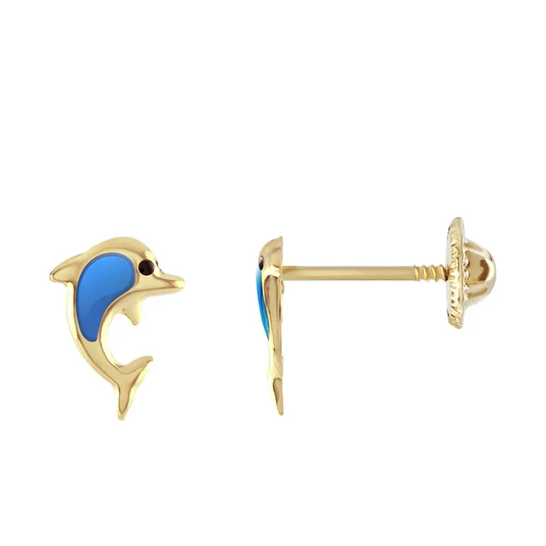 Boucles d'Oreilles Enfant Puces Dauphins OR 750/1000 Jaune