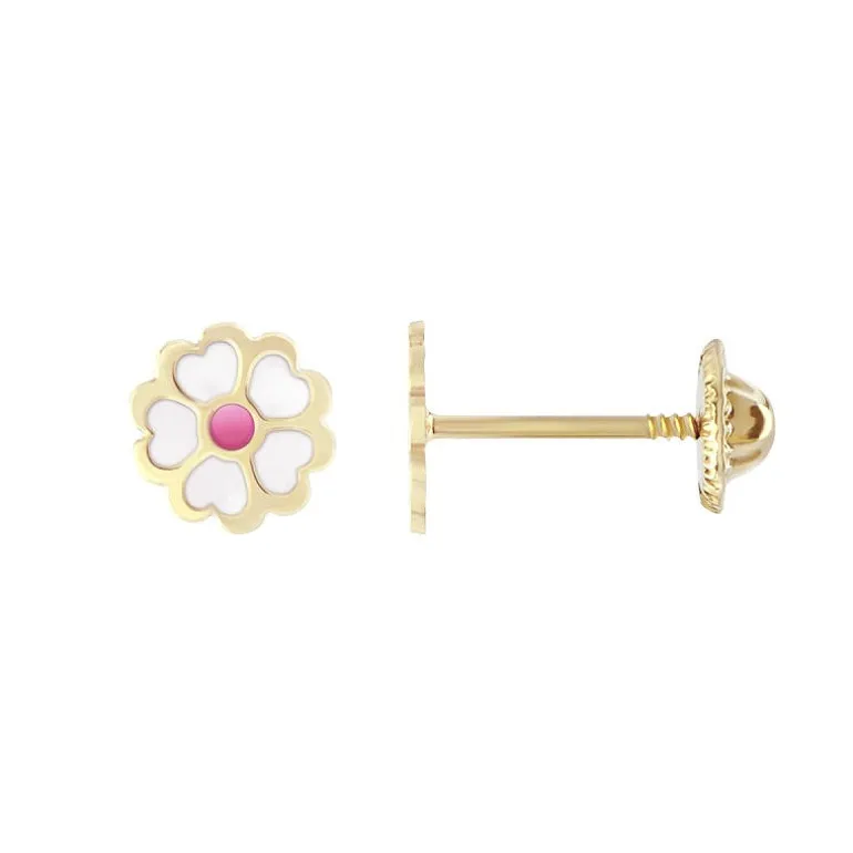 Boucles d'Oreilles Enfant Puces Fleurs OR 750/1000 Jaune et Laque