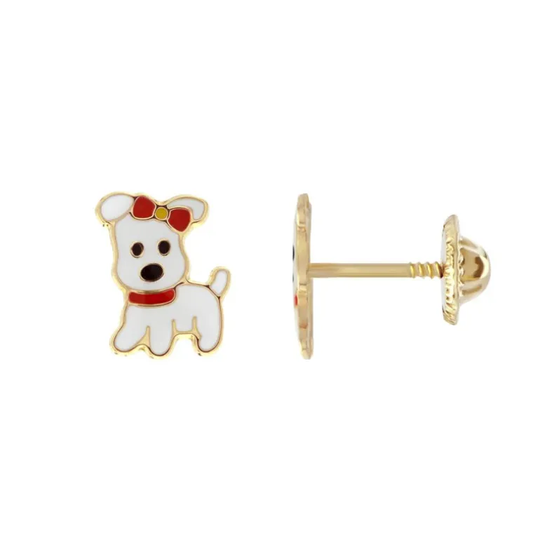 Boucles d'Oreilles Enfant Puces Petits Chiens OR 750/1000 Jaune et Laque