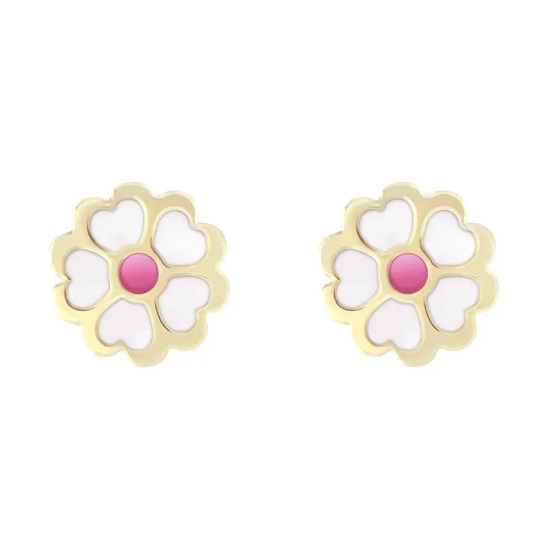 Boucles d'Oreilles Enfant Puces Fleurs OR 750/1000 Jaune et Laque