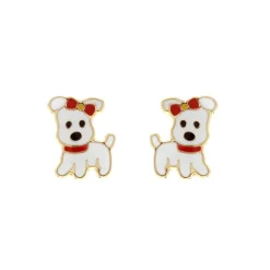 Boucles d'Oreilles Enfant Puces Petits Chiens OR 750/1000 Jaune et Laque