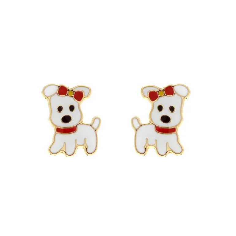 Boucles d'Oreilles Enfant Puces Petits Chiens OR 750/1000 Jaune et Laque
