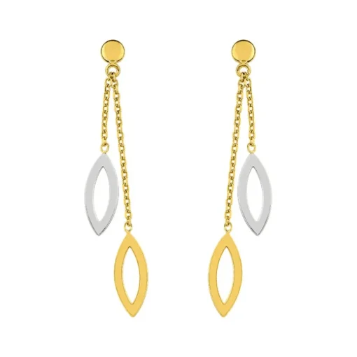 Boucles d'Oreilles Femme Pendantes Feuilles OR 375/1000 Bicolore