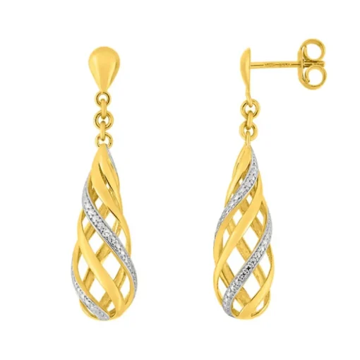 Boucles d'Oreilles Femme Pendantes OR 375/1000 Bicolore et Diamants