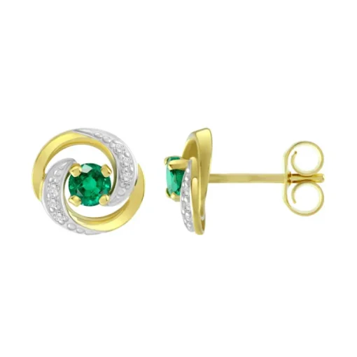 Boucles d'Oreilles Femme Puces OR 375/1000 Bicolore et Emeraudes