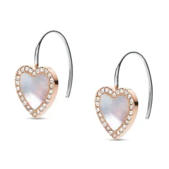 Boucles d'Oreilles Femme Pendantes Coeur FOSSIL ACIER Doré Rose et Nacre