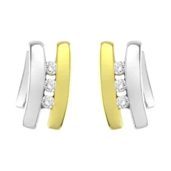 Boucles d'Oreilles Femme Puces trilogie OR 750/1000 Bicolore et Diamants