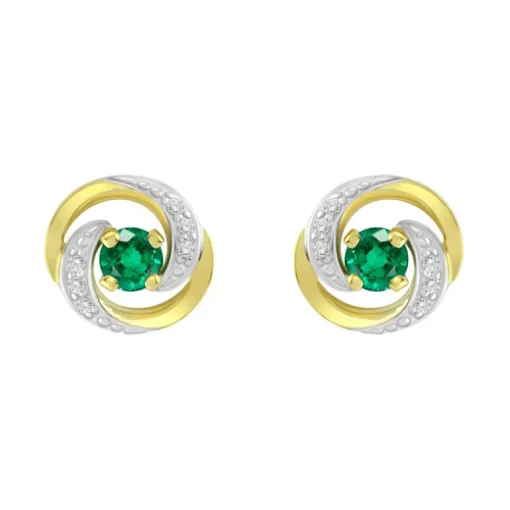 Boucles d'Oreilles Femme Puces OR 375/1000 Bicolore et Emeraudes