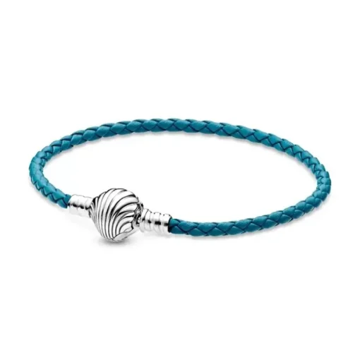 Bracelet Femme PANDORA FERMOIR COQUILLAGE 17.5CM Cuir tressé turquoise