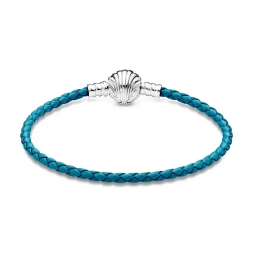Bracelet Femme PANDORA FERMOIR COQUILLAGE 17.5CM Cuir tressé turquoise