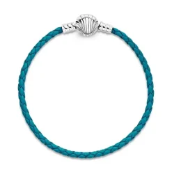 Bracelet Femme PANDORA FERMOIR COQUILLAGE 17.5CM Cuir tressé turquoise