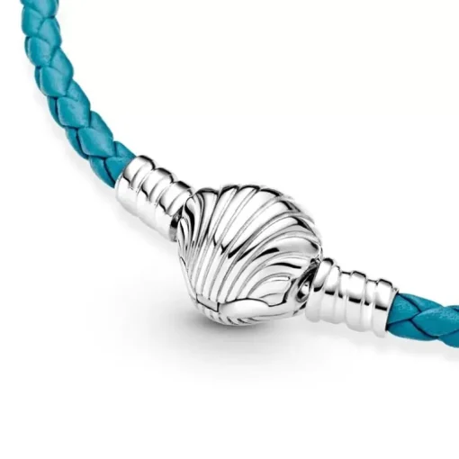 Bracelet Femme PANDORA FERMOIR COQUILLAGE 17.5CM Cuir tressé turquoise