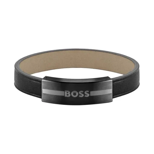 Bracelet Homme BOSS LUKE Cuir Noir Acier Noir