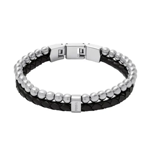 Bracelet Homme FOSSIL JEWELRY Acier Argenté et Cuir Noir JF04855040