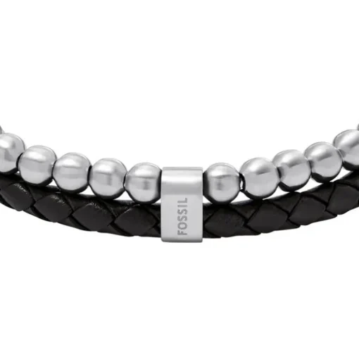 Bracelet Homme FOSSIL JEWELRY Acier Argenté et Cuir Noir JF04855040