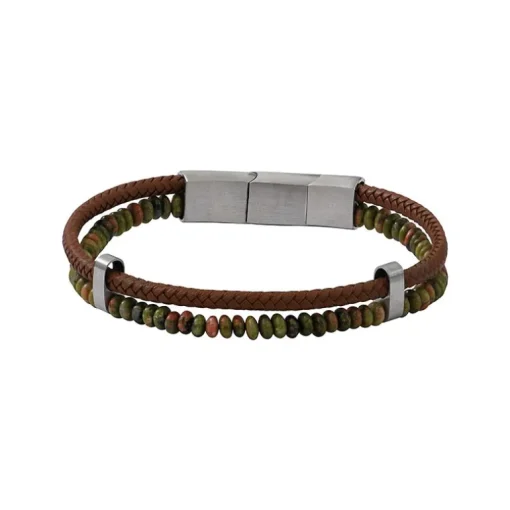 Bracelet Homme SCOOTER Cuir Brun et Unakite