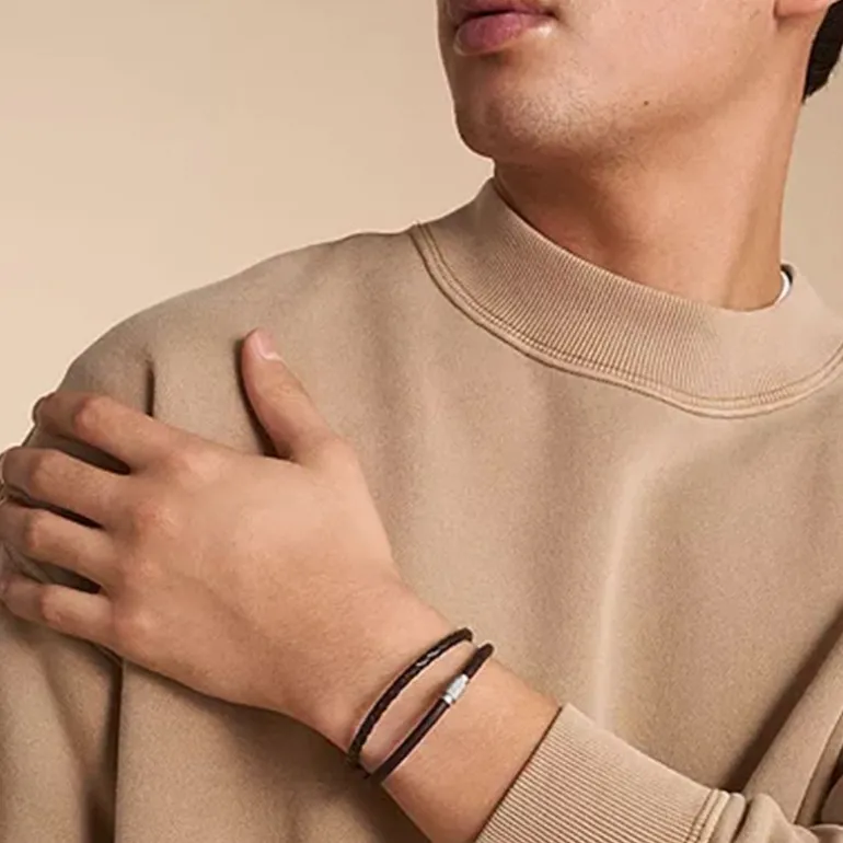 Bracelet Multirangs Homme 18.5CM FOSSIL ALL STACKED UP Cuir Brun