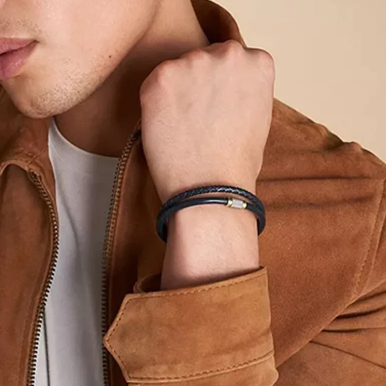 Bracelet Multirangs Homme 18.5CM FOSSIL ALL STACKED UP Cuir Bleu