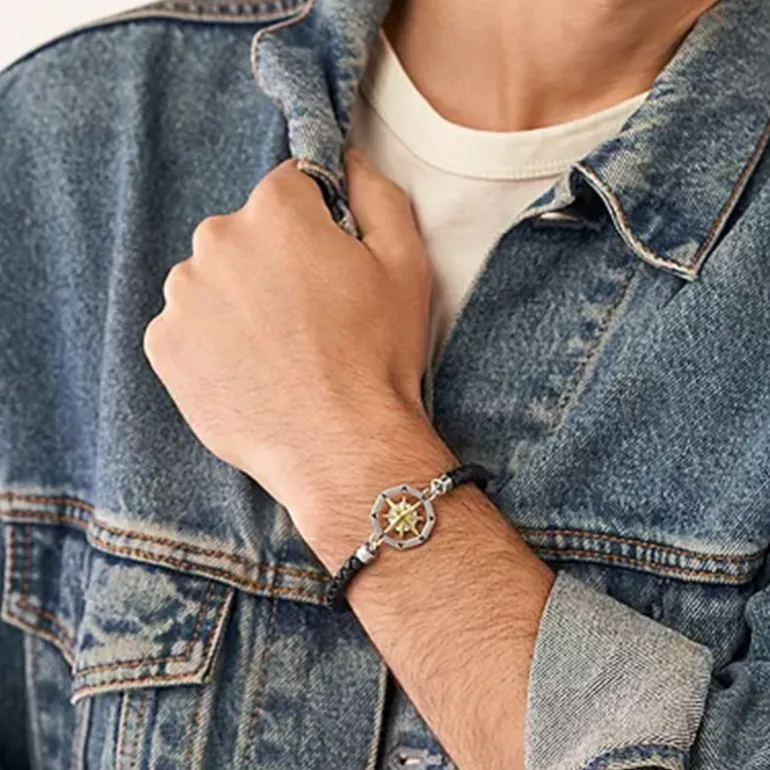 Bracelet Pampilles Homme 18CM FOSSIL SUTTON COMPASS Cuir Noir