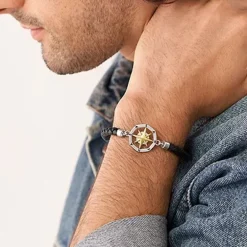 Bracelet Pampilles Homme 18CM FOSSIL SUTTON COMPASS Cuir Noir