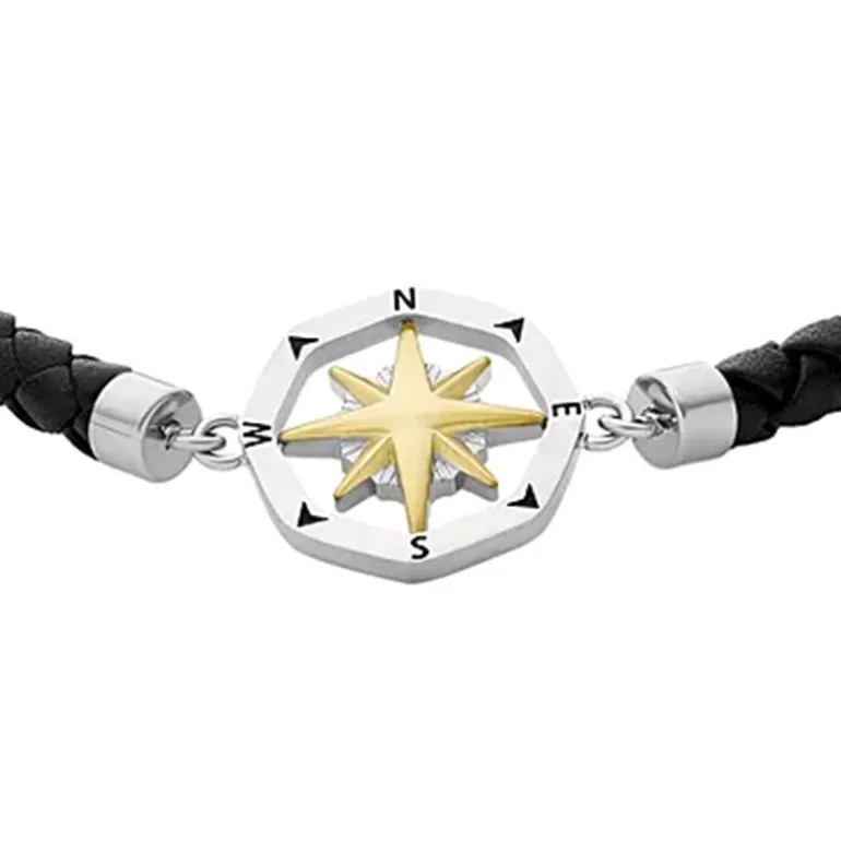 Bracelet Pampilles Homme 18CM FOSSIL SUTTON COMPASS Cuir Noir