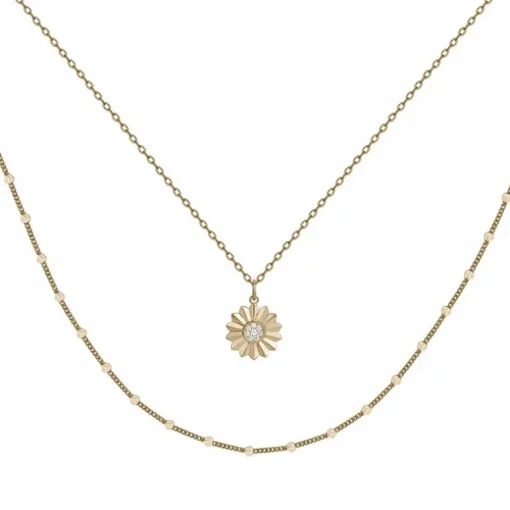 Collier femme fleur double rang EDORA PLAQUE OR et oxydes