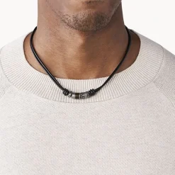 Collier Homme FOSSIL VINTAGE CASUAL Cuir Noir et Perles d'Acier Inoxydables