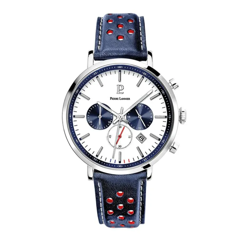 Montre Chronographe Homme PIERRE LANNIER BARON Cuir Perforé Bleu