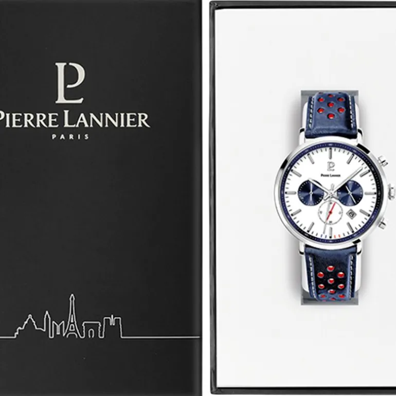 Montre Chronographe Homme PIERRE LANNIER BARON Cuir Perforé Bleu