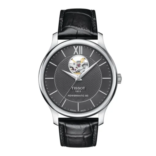 montre Homme automatique TISSOT T-Classic TRADITION POWERMATIC 80 OPEN HEART cuir noir