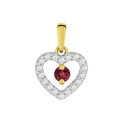 Pendentif Femme Coeur OR 375/1000 Bicolore, Rubis et Oxydes